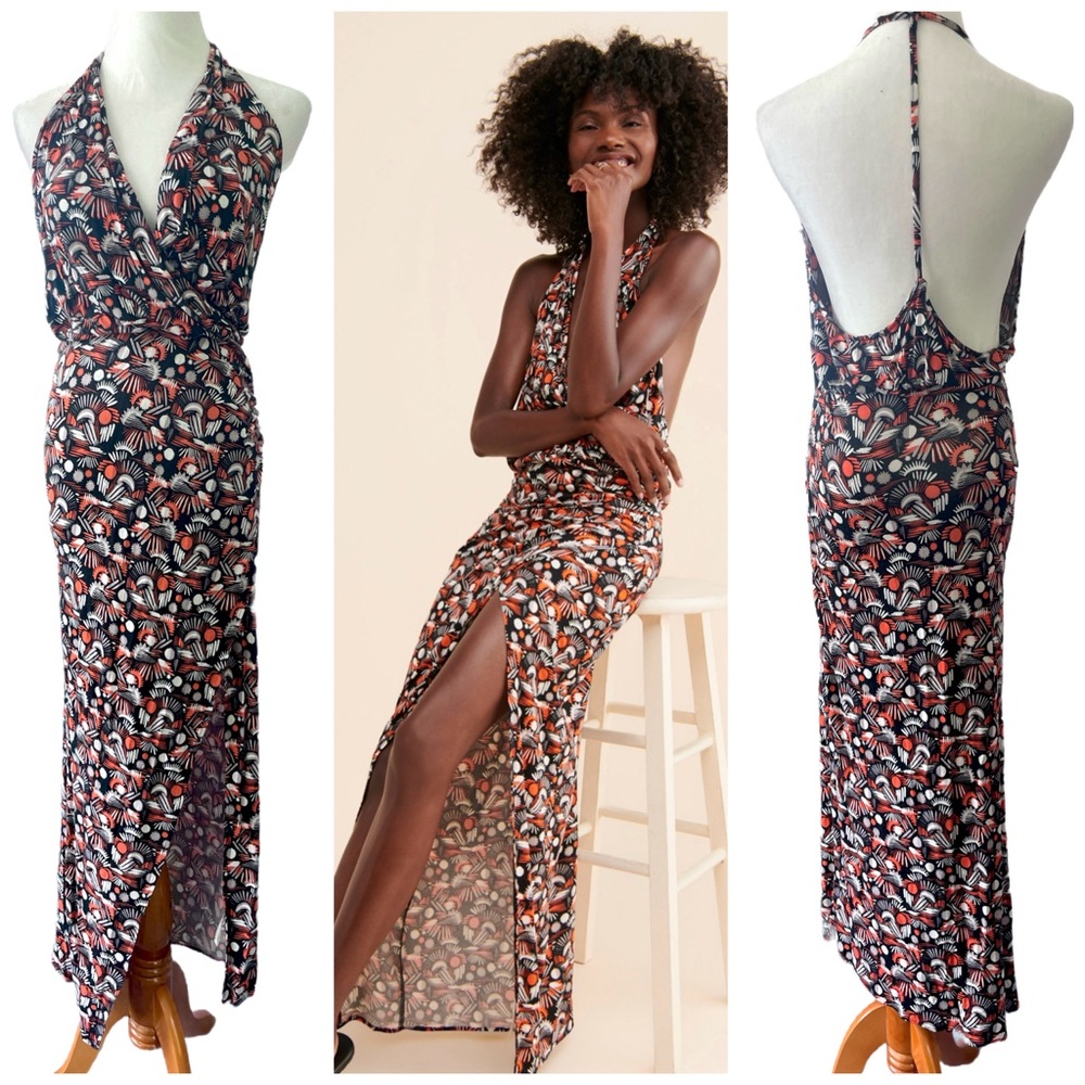 Free People Multi Orange Daria Halter Low Back Slit Plunge Maxi Dress Size S EUC